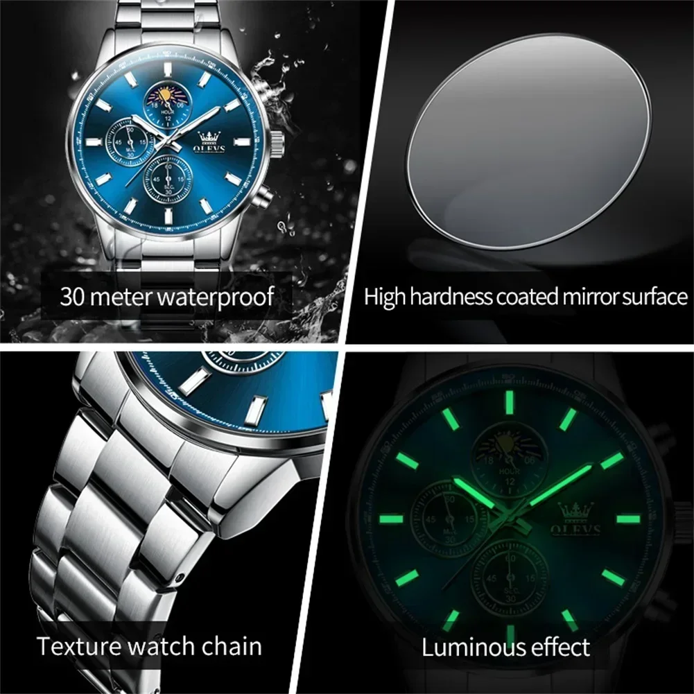 OLEVS-Reloj de pulsera de lujo para hombre, cronógrafo luminoso, fase lunar, resistente al agua, clásico