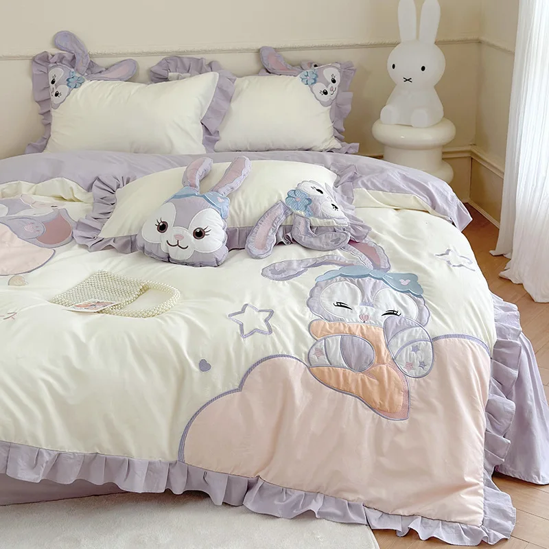 Imagem -02 - Disney Stellalou Conjunto de Cama 100 Algodão Linho Ponto Bordado Rainha Kingsize Lençol Capa de Edredão Fronha Tecido Caseiro