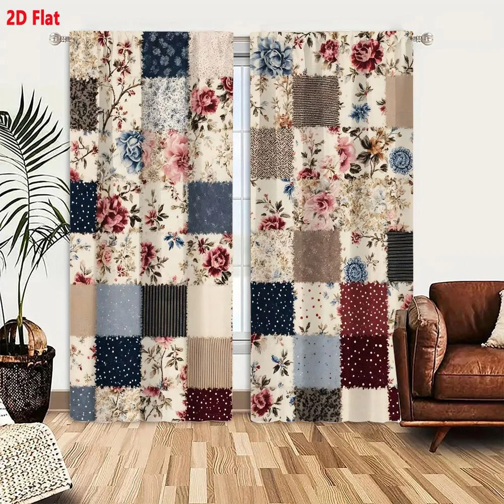 2Pcs Curtains Vintage Patchwork Fabric With Floral And Geometric Patterns In Muted Earthy Tones Window Drapes for Bedroom Room D