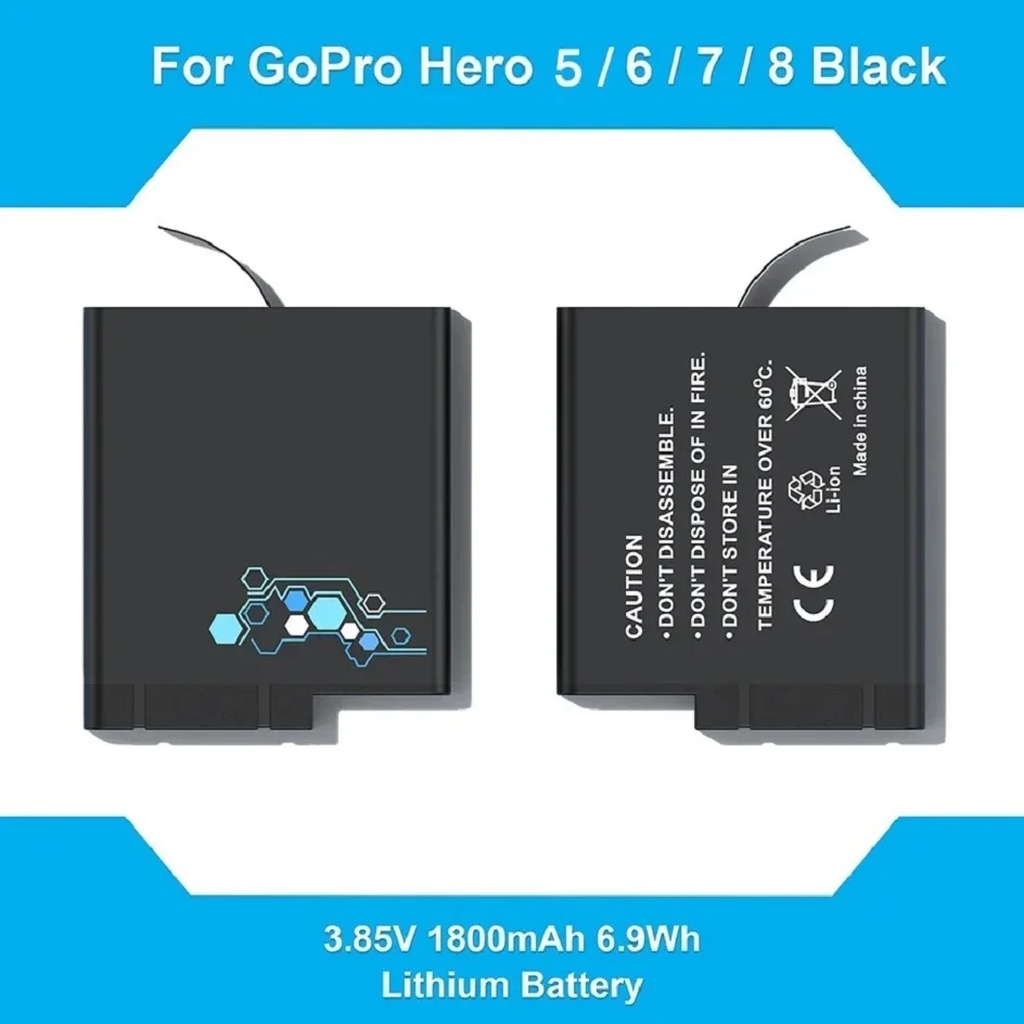 Batterie GoPro 8/7/6/5, 1800mAh, accessoires pour appareil photo, entièrement compatible avec la batterie et le chargeur d\'origine GoPro fore8/7/6/5