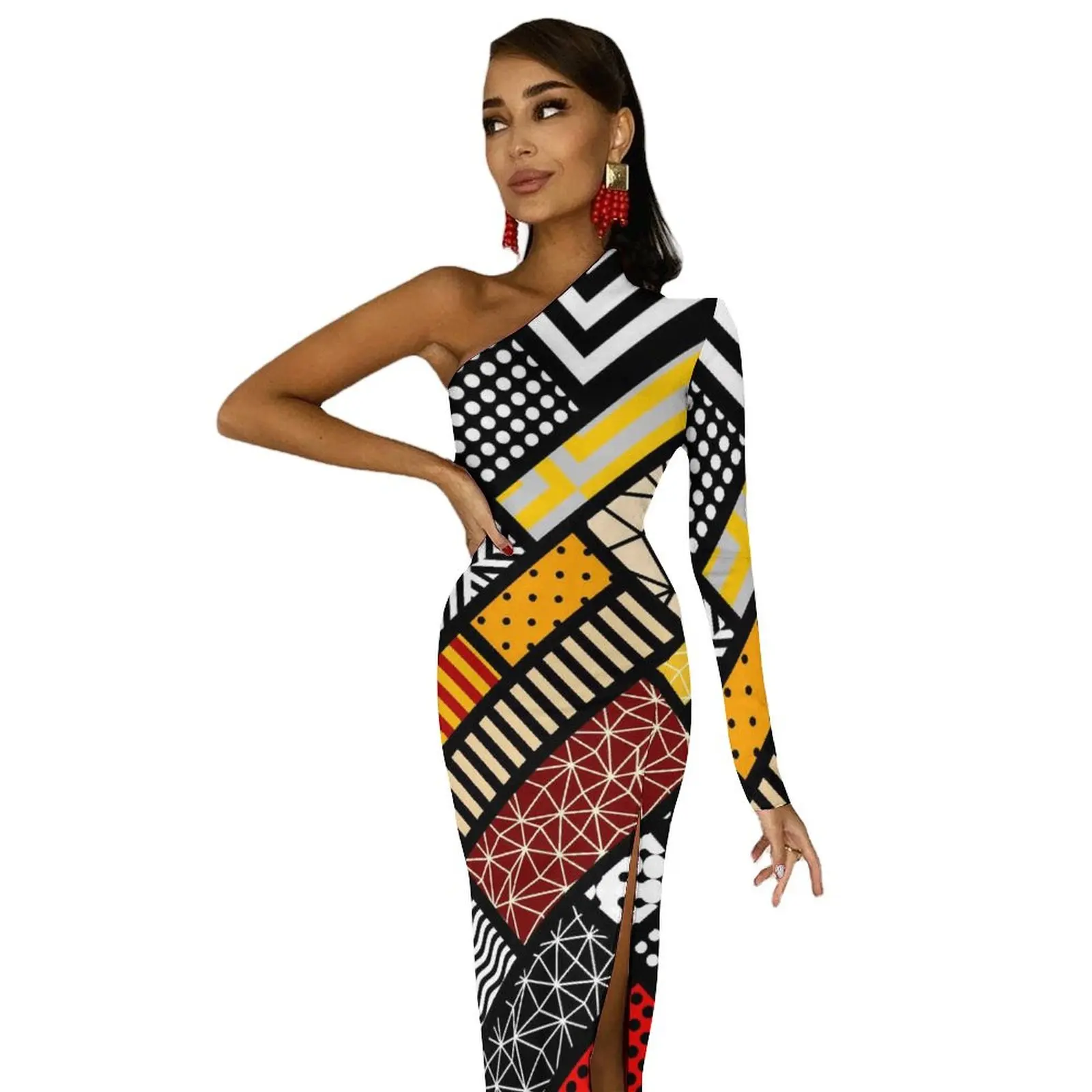 Vintage Tribal Maxi Dress One Shoulder Abstract Square Streetwear Bodycon Dresses Summer Retro Dress Ladies Graphic Vestido