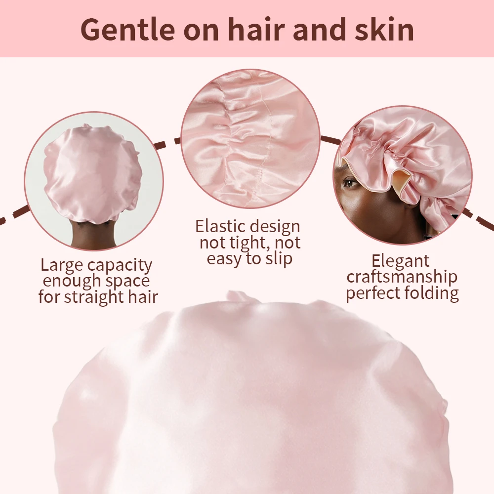 1 Stück Zweifarbige Satin-Schlafmütze Seiden-Bonnet zum Schlafen Satin-Bonnets Doppellagige Wendbare Haarkappe für Frauen mit Langen Lockigen Zöpfen – Detail 4