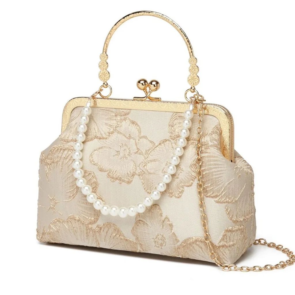 Polyester Crossbody Bag Medium-Soft Evening Bag Pearl Tote Bag Lightweight Floral Embroidered Handbag For Cheongsam Travel