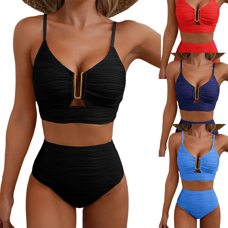 Traje de baño de color liso para mujer, elegante y a la moda, estilo dividido, con diseño hueco y personalizado, con almohadillas en el pecho, sin aros, tipo bikini.