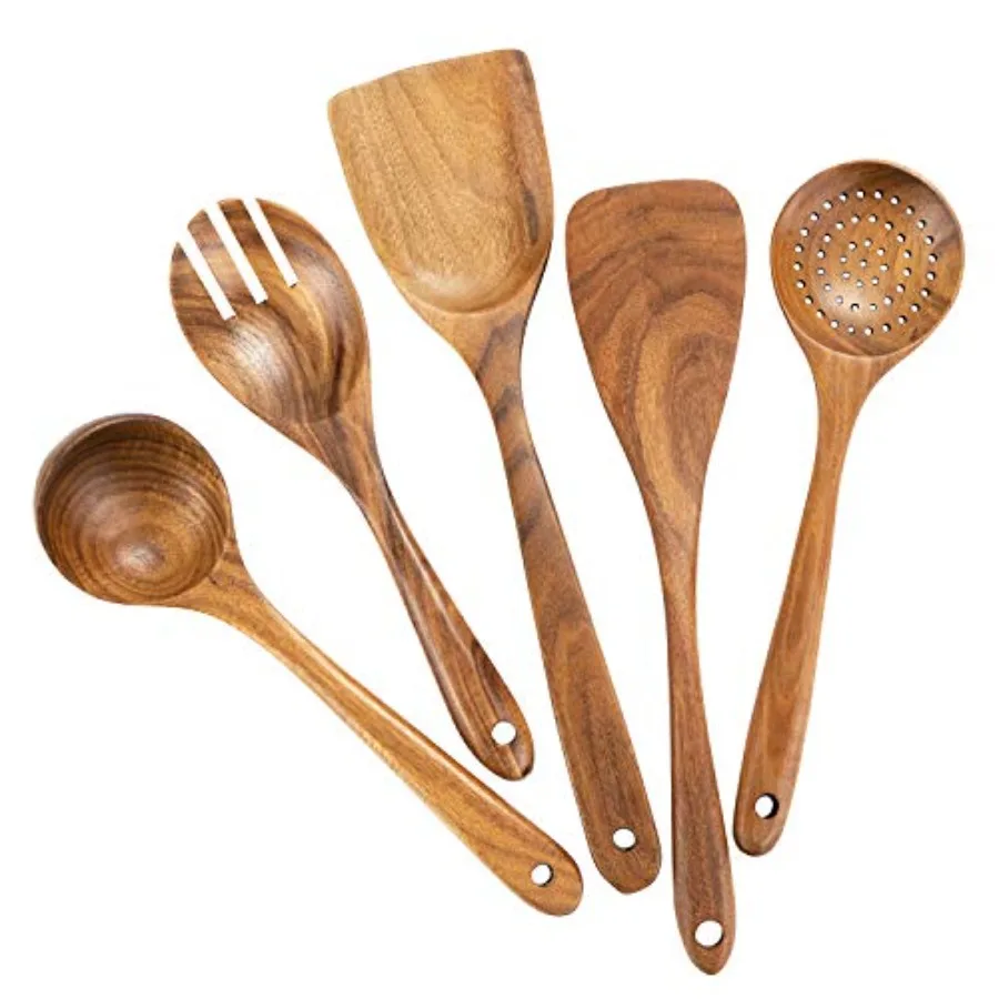 

Wood Utensils Set for Cooking, Teak Wooden Set Wood Spatula for Nonstick Cookware Set 5