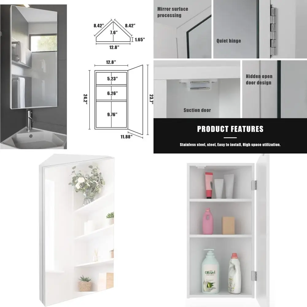 

Настенный зеркальный шкаф для медикаментов с одной дверцей и тремя полками, белый, 24 дюйма