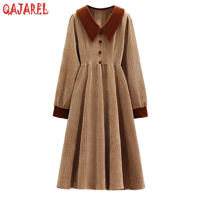 Autumn Winter Corduroy Thick Warm Midi Dress Women Solid Long Sleeve Doll Collar Dress 2024 Korean Vintage Elegant Casual Dress