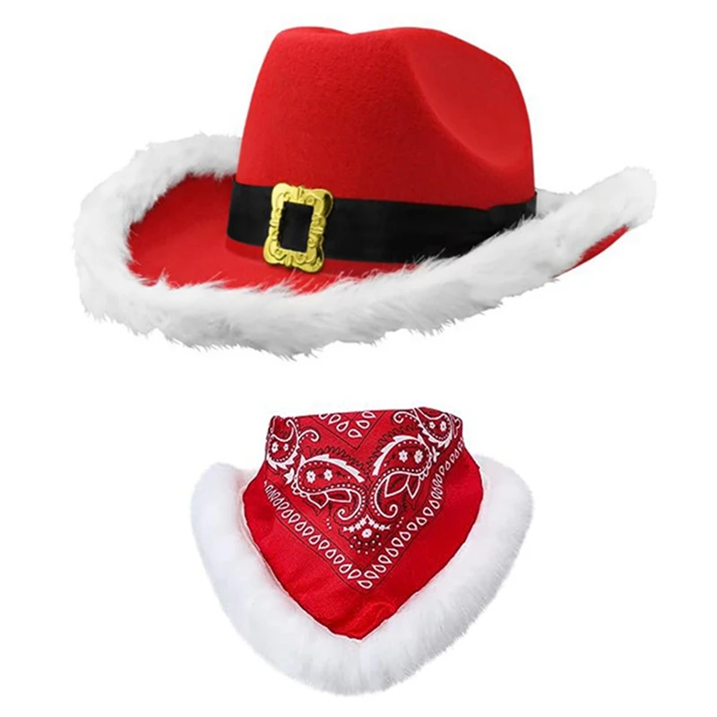 Christmas Cowboy Hat and Scarf Sequined Santa Wide Brim Hat for Adults Wedding Carnival Rave Party Costume Accessories