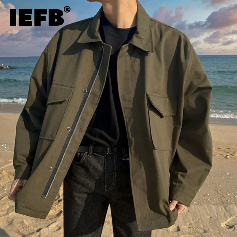 

IEFB Men's Cargo Jackets Vintage Turn-down Collar Large Pockets Solid Color Baggy Male Short Coats Safari Style Autumn 9C1111