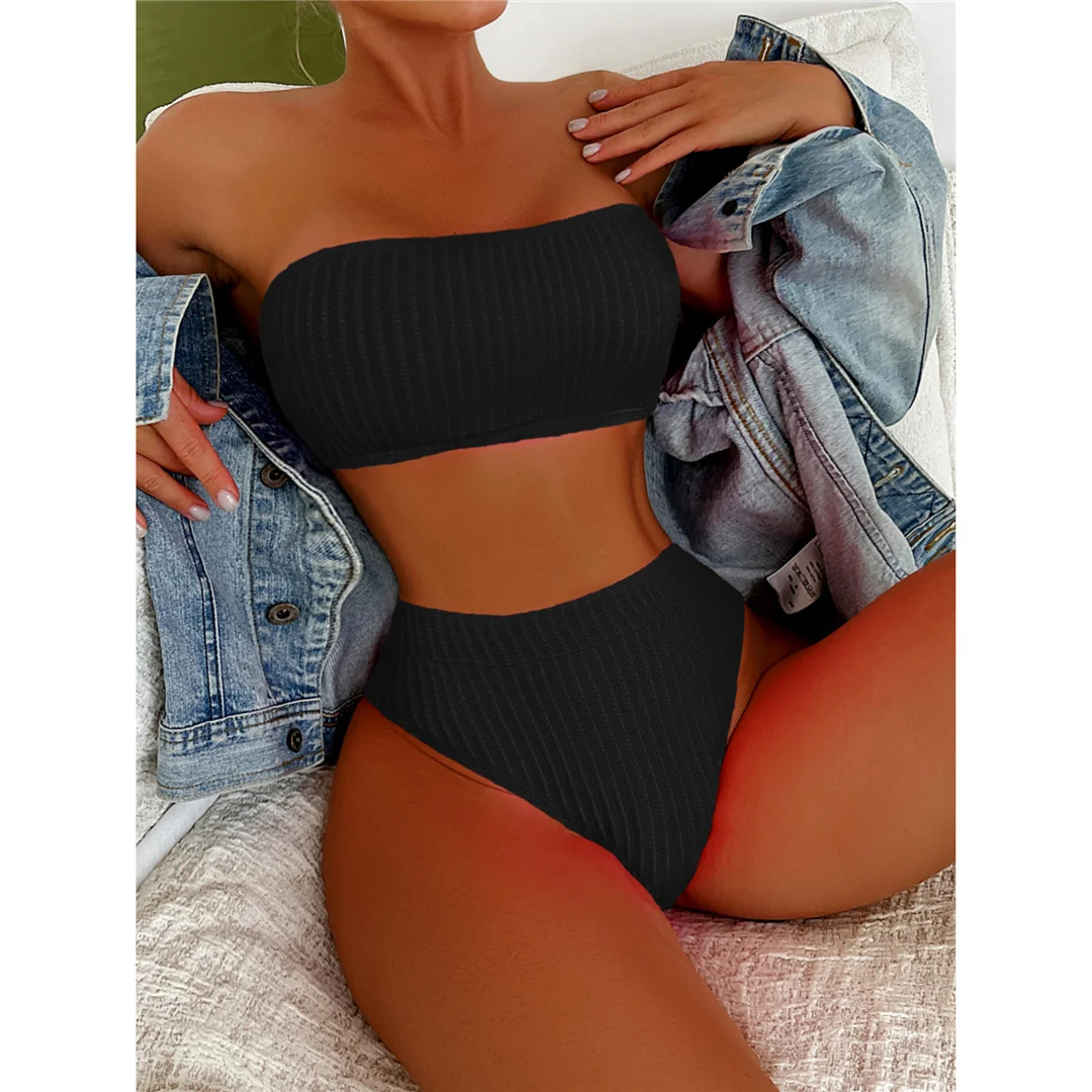 S - XL Bandeau-Bikini mit Falten, Damen-Badeanzug, Bikini mit hoher Taille, zweiteiliges Bikini-Set, Badebekleidung, Badeanzug, Modell V5904. – Detail 29