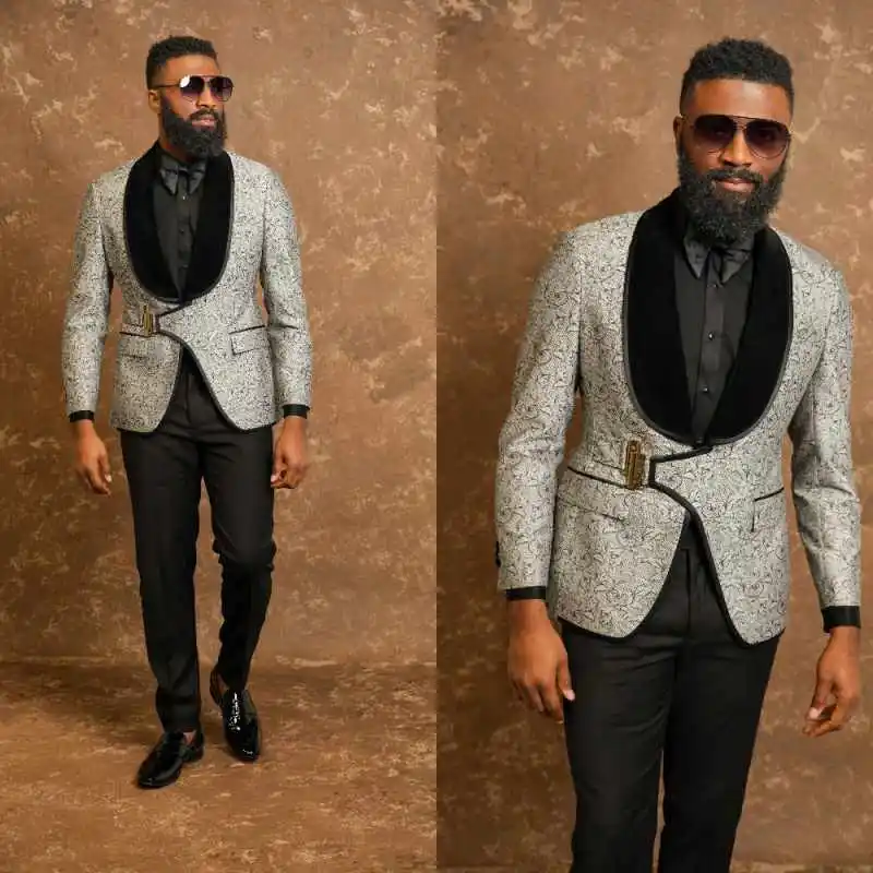 패션 자카드 남성 웨딩 턱시도 숄 라펠 재킷 블레이저 루즈핏 비즈니스 행사 파티 2피스 맞춤 제작