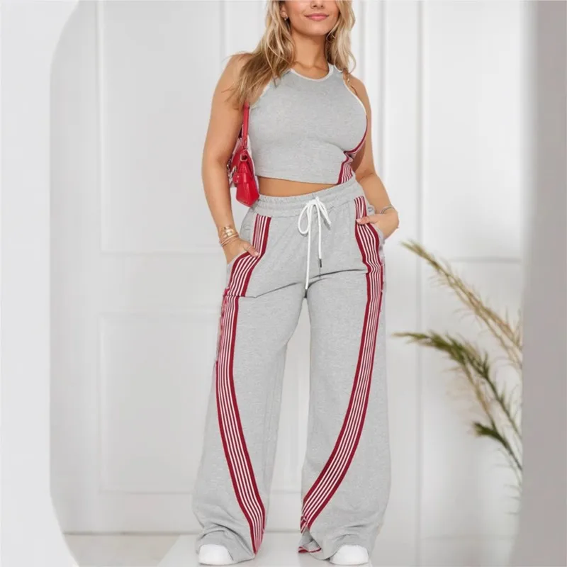 2 peça define feminino terno esportivo fino ajuste colete superior calças de perna larga listrado cintura elástica cordão calças esportivas agasalho