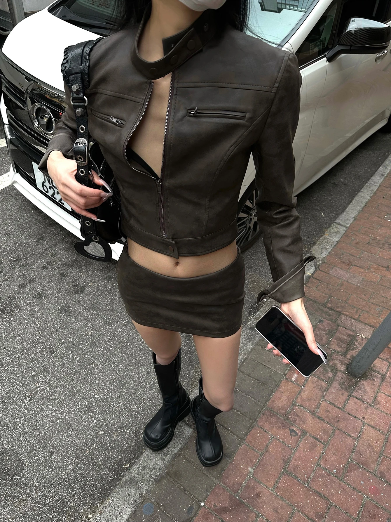 REDDACHiC Street Retro Brown Leather Jacket Coat Short Bomber Female Collar Cyberpunk Y2k Women Outerwear Acubi Fashion Clothes