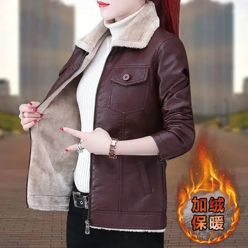 High Quality Short Women's Leather Coat Autumn Winter PU Leather Jacket Add Fleece Thickened Casual Outerwear Motorcycle Female