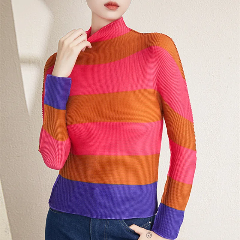 

Tops Miyake Pleated Women Spring Autumn New Fashion Hit Color Long Sleeved Turtleneck Slimming Stretch T-Shirts Tee