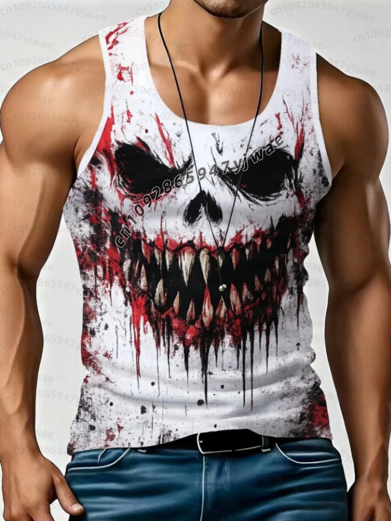 2026 Men's Skull Graphic Tank Top, Blood Splash Print Sleeveless Shirt Casual Streetwear Halloween Men Sport Basketball Vest