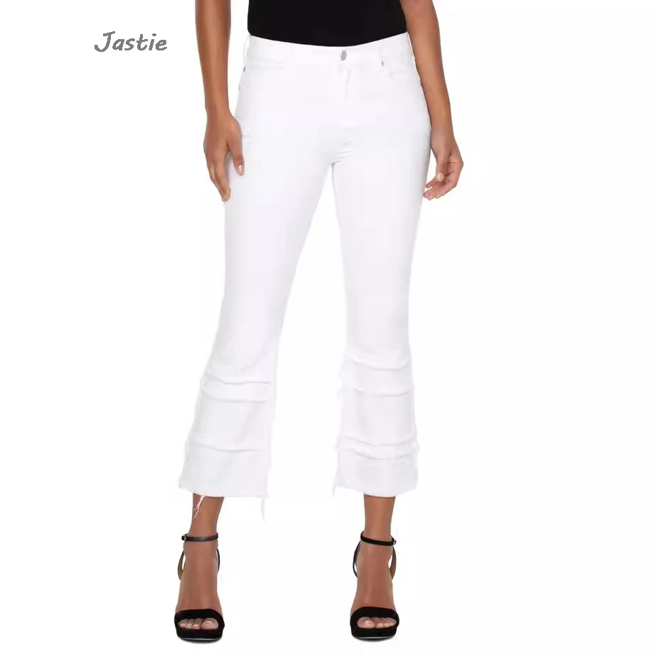 

Women's Spring And Summer White Pants Slim Fit Slightly Flared High Elastic Asymmetrical Raw Edge Denim Nine-point Pants