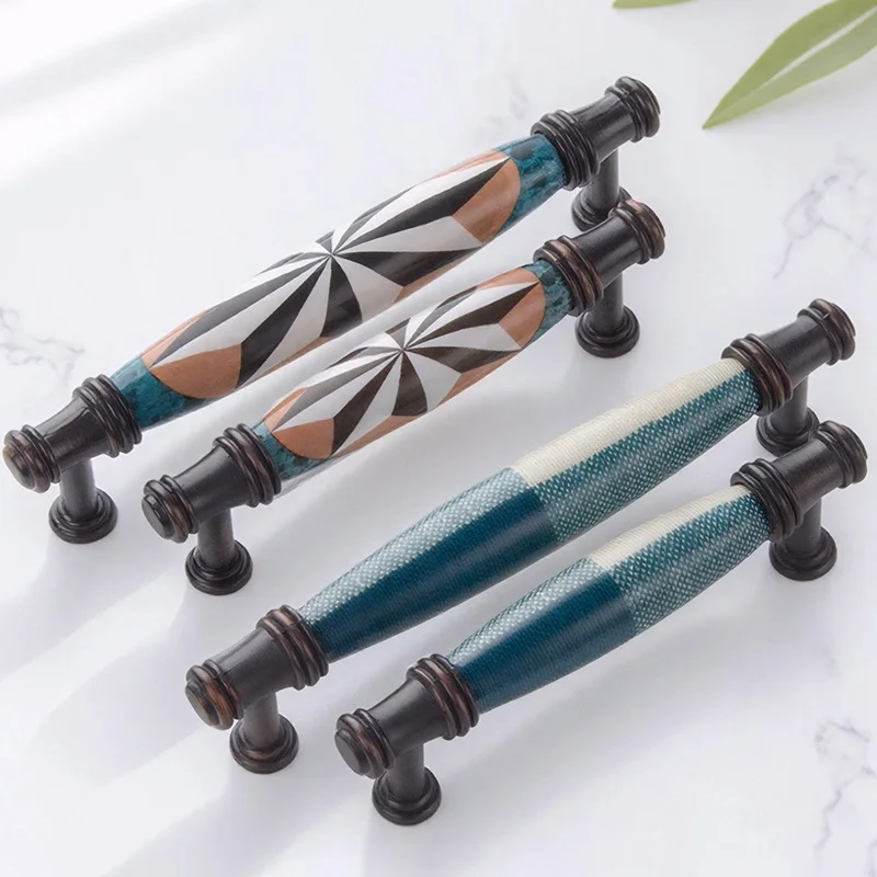 YM Blue Ceramic Cabinet Door Handles American Antique Style Furniture Drawer Pulls Kitchen Cabinet Knobs for Home Improvement