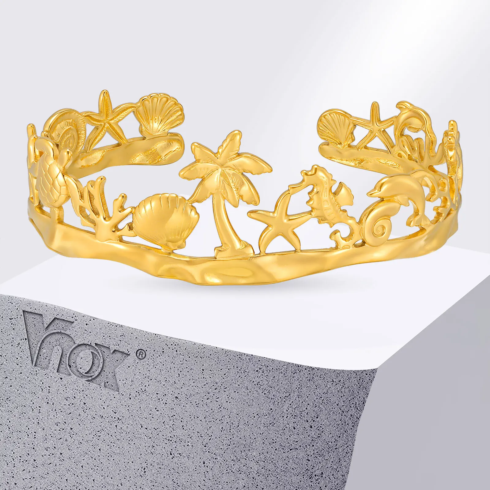 

Vnox Trendy Ocean Cuff Bracelet, Women's Stainless Steel 18K Gold Plated Bangle, Casting Aesthetic Jewelry