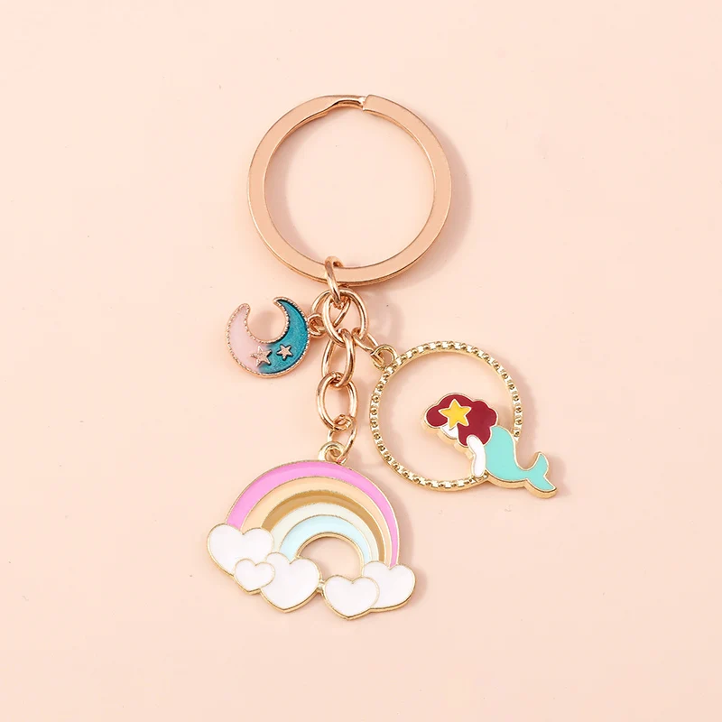 Amolette-Porte-clés arc-en-ciel en émail pour femmes et filles, porte-clés coeur d'amour, porte-clés de voiture, décor de sac à main, cadeaux de bijoux