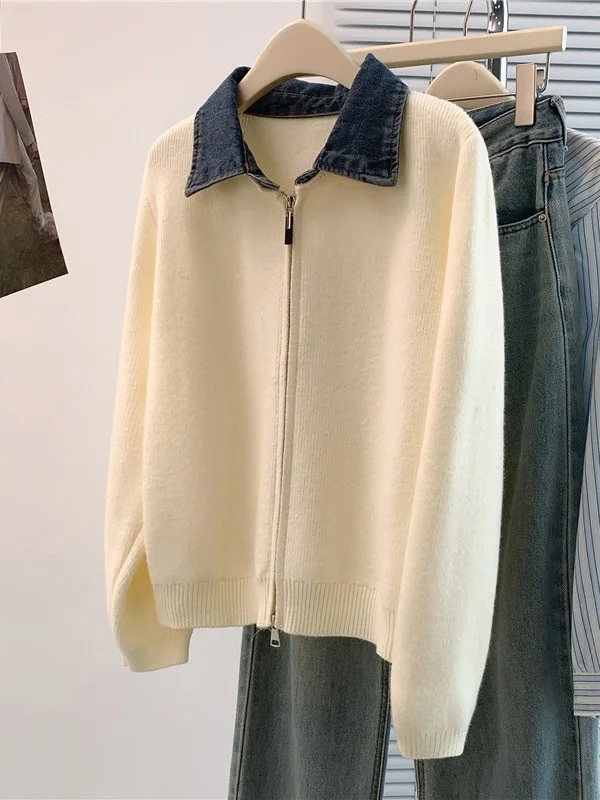 Coréen japonais haut de gamme Denim Patchwork pull Jaet grande taille Ele Double fermeture éclair tricoté irt décontracté coupe ample