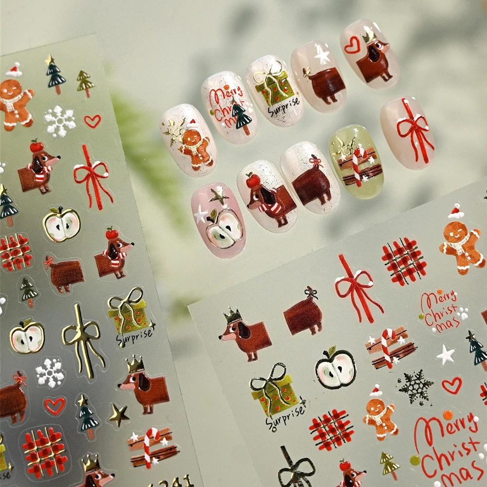 Gold Stamped Cute Dachshund Gingerbread Man Apple Bowknot Gift Snowflake Christmas Tree Nail Art Stickers Xmas Manicure Decals