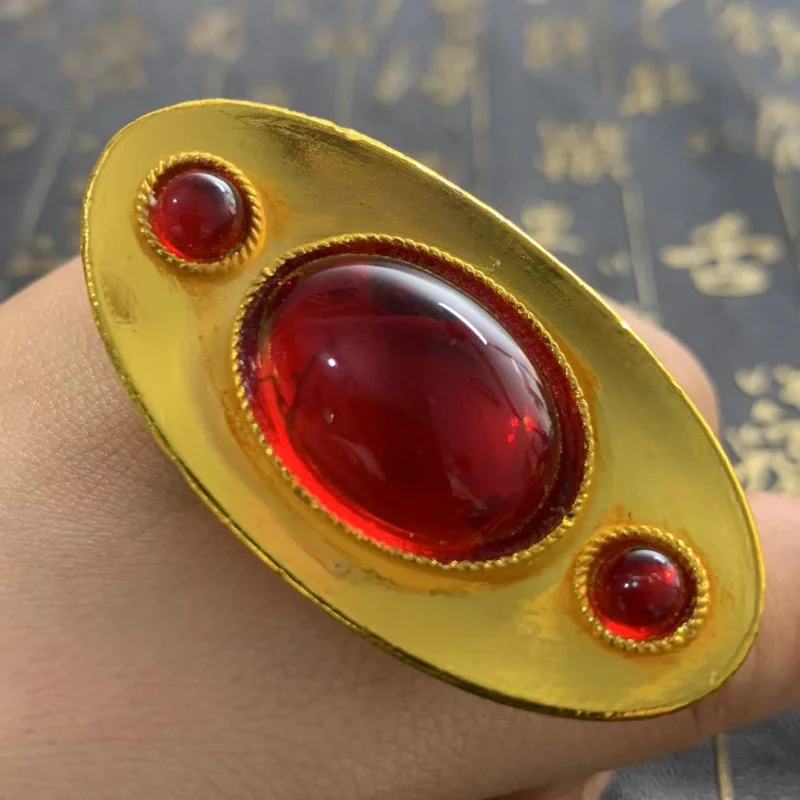 Gilt Inlaid Red Gem Rare Ingot Pattern Carving Collectible Ornament