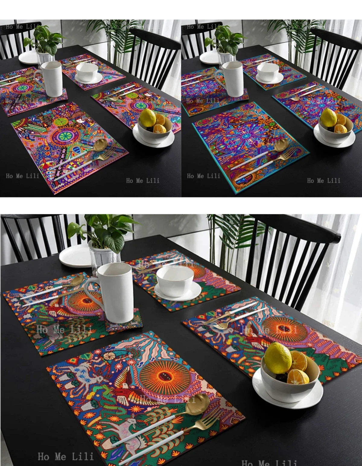 Traditional Mexican Native Decoration Huicol Yarn Painting Shamanic Ritual Folk Art.Placemat Decorated Dining Table