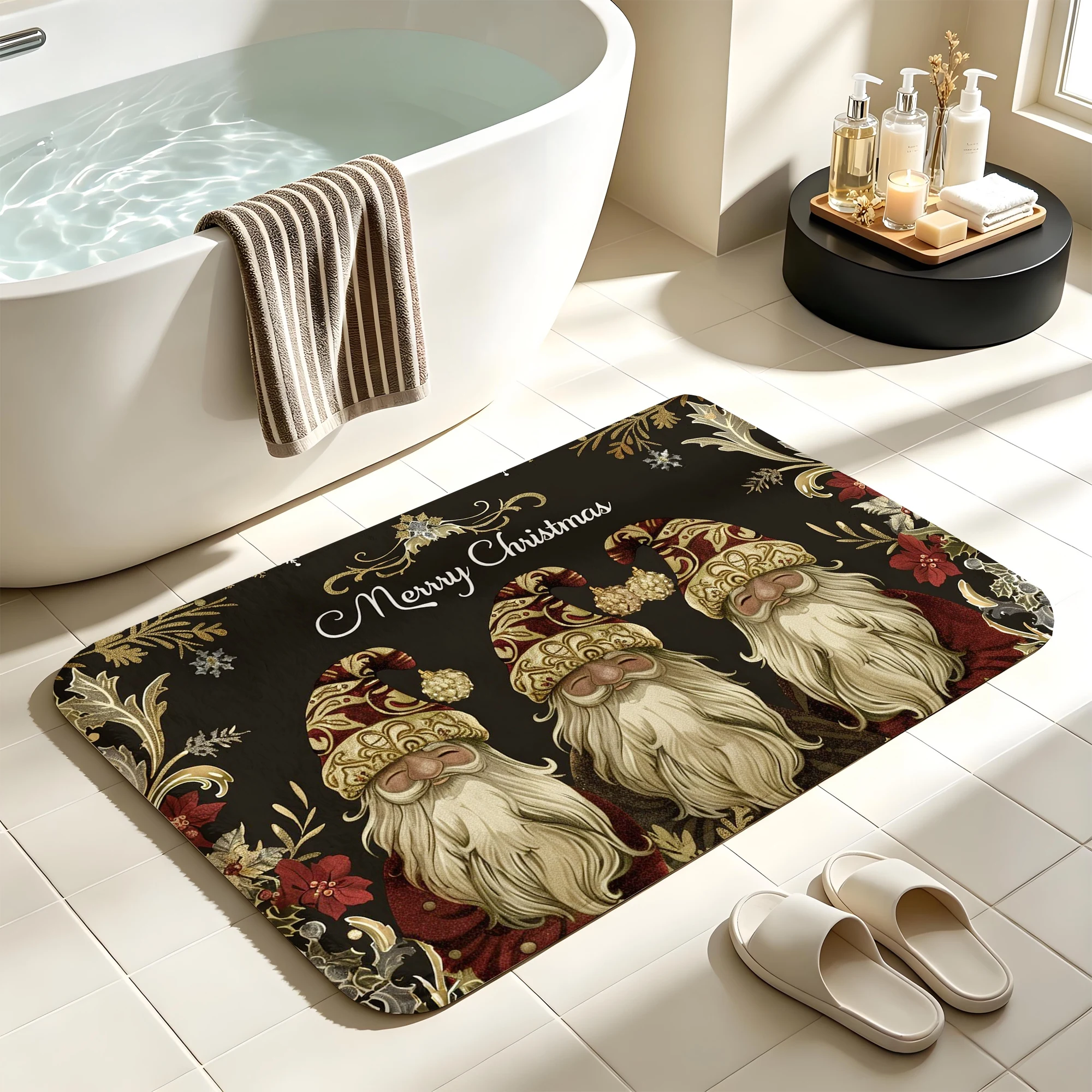 Vintage Golden Pattern Gnome Floral Print Plush Absorbent Sponge Mat,Bathroom Non‑Slip Mat & Decorative Door Mat