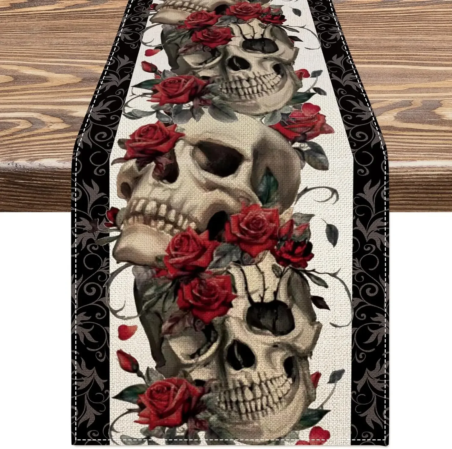 1Pc Gothic Style Table Runner Black And White With Red Skull And Rose Print Table Cover For Dining Room Kitchen Party Wedding Ho