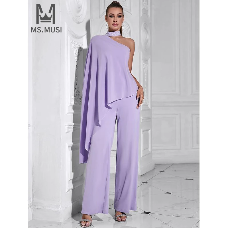 MSMUSI 2025 New Fashion Women Sexy Solid One Shoulder Cape Draped Backless Bodycon Party Club Flare Pant Slit Slim Lady Jumpsuit