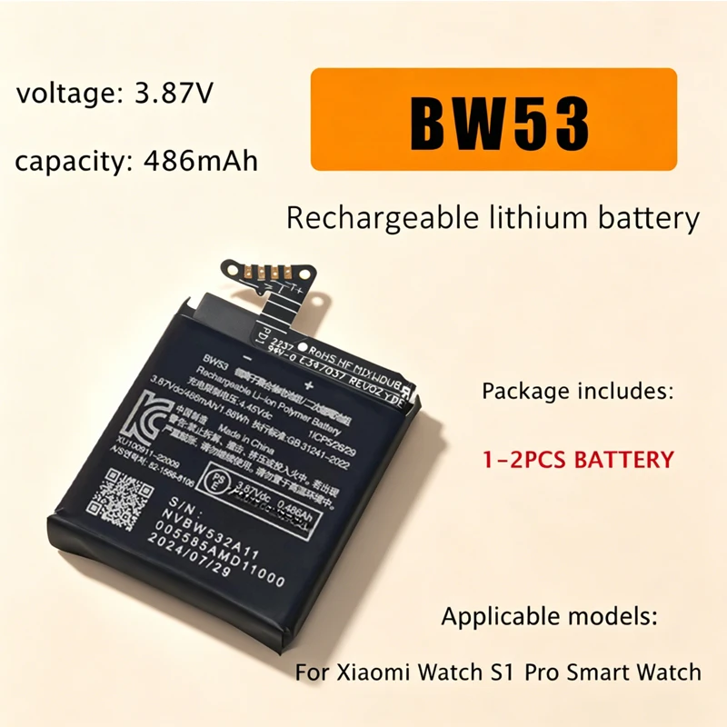 BW53 Replacement Battery 486mAh 3.87V Li-ion Polymer Batteries for Xiaomi Watch S1 Pro Smart Watch Accessories