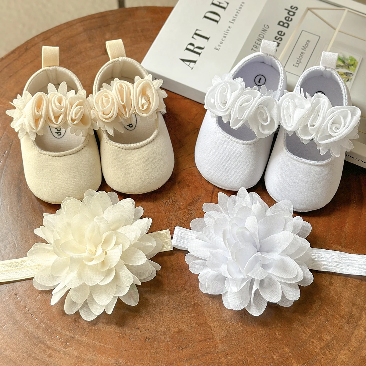 2pcs Baby Girls Flat Shoes With Flower Decor Princess Crib Shoes First Walker Shoes & Headband For Newborn Infant