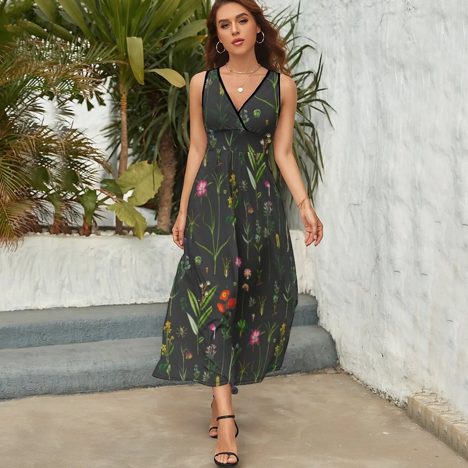 Vestidos sem mangas para mulheres, vintage Botanicals, elegante e luxuoso, 2023