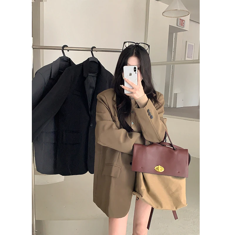 Woman's Spring/summer British Style Short Long-sleeved Blazer Coat Commuting Solid Color Loose Single-breasted Suit Collar Coat