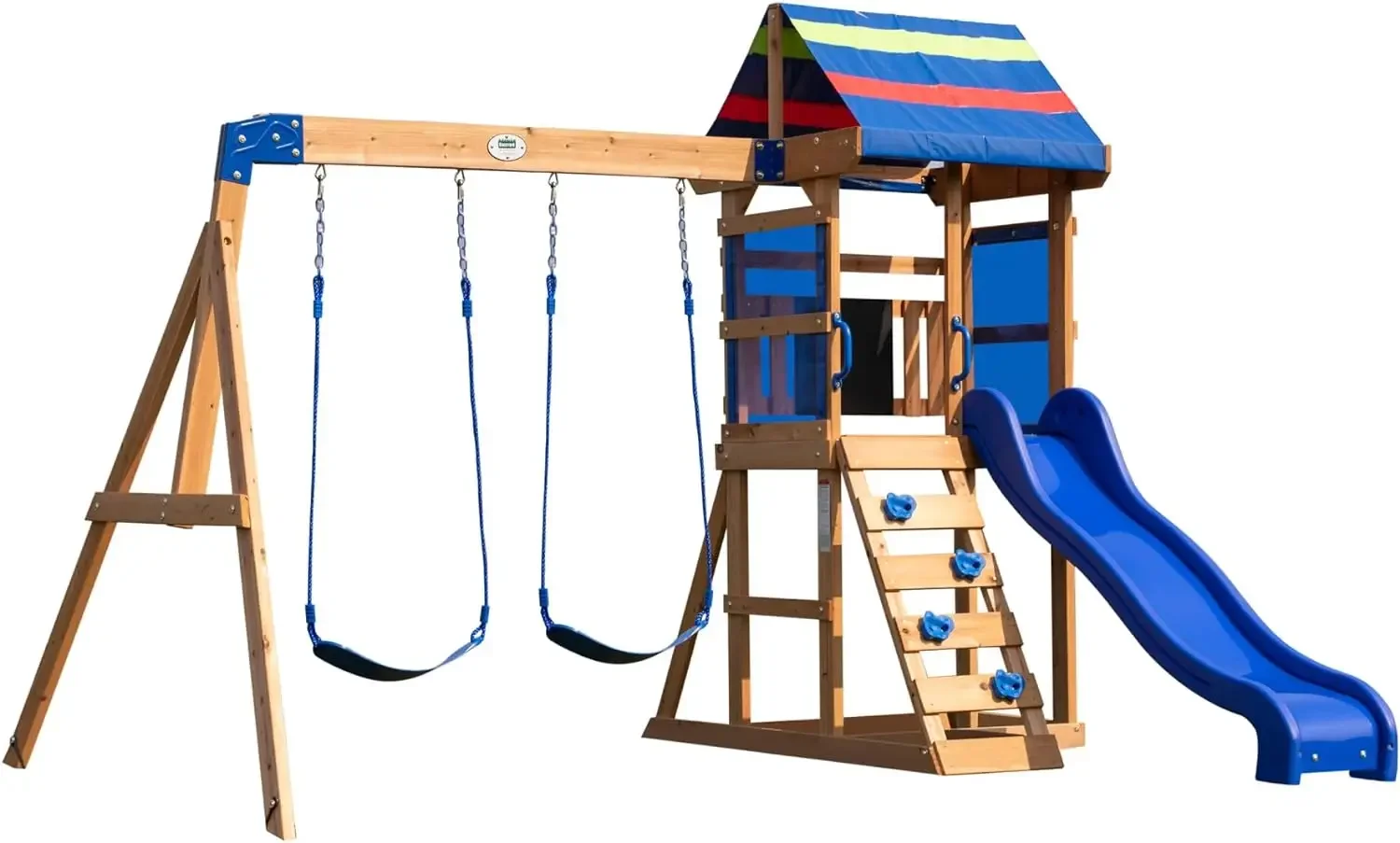 

For Backyard Discovery Bay Pointe All Cedar Wooden Swing Set, Large Upper Deck with Canopy, Sandbox, Rock Wall, Slide, Two