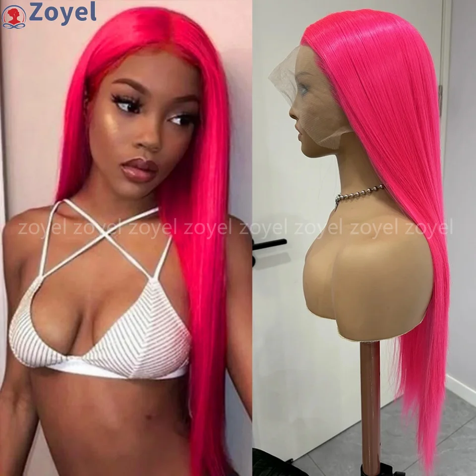

Hot Pink Wig Long Straight Synthetic Hair Lace Front Wigs for Women Bright Pink Long Silky Straight Lace Hair Cosplay Daily Wear