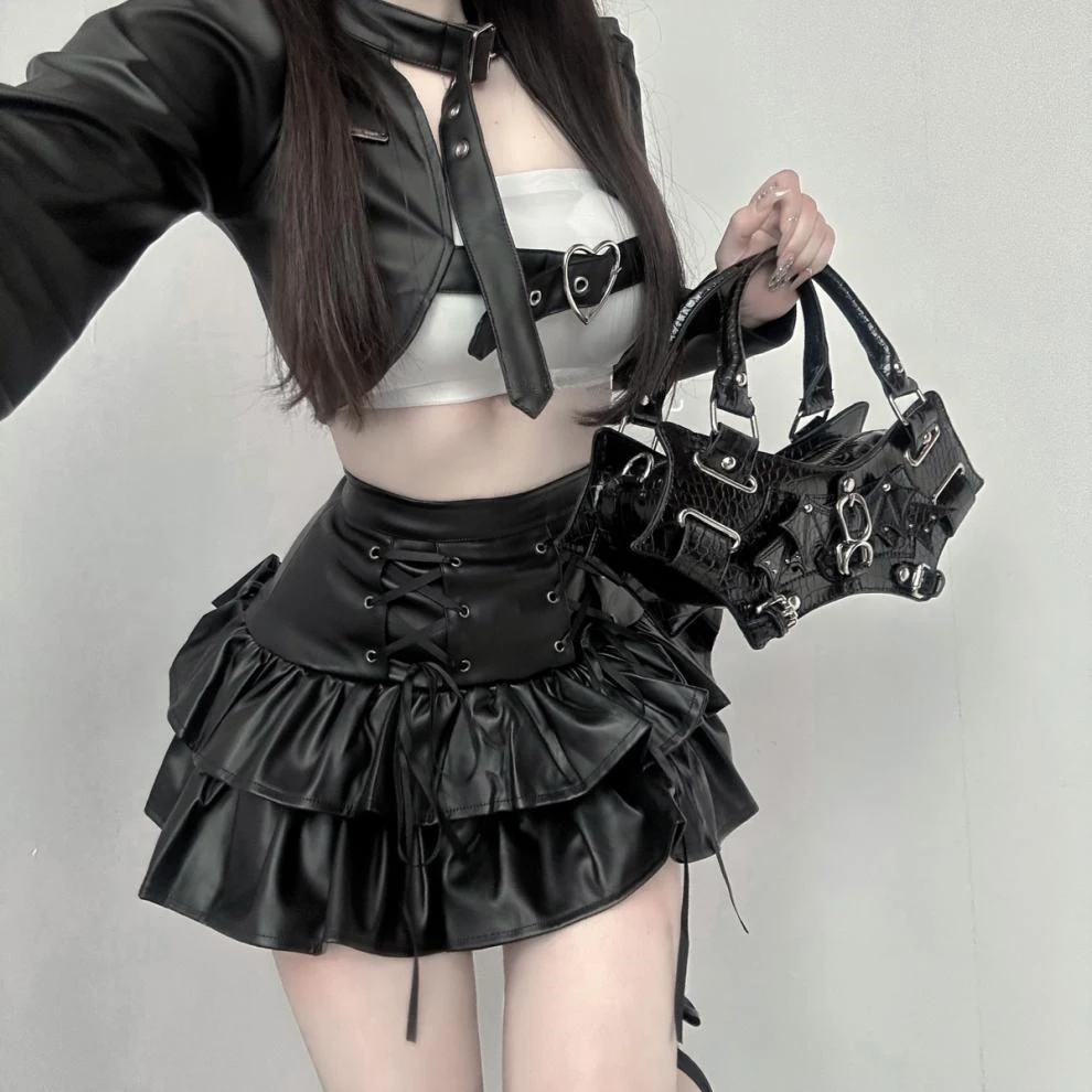 Winter Black PU Leather Three Piece Set Vintage Cake Skirt Suit 2024 Female Casual Korean Fashion Women Patchwork Y2k Lolita Set