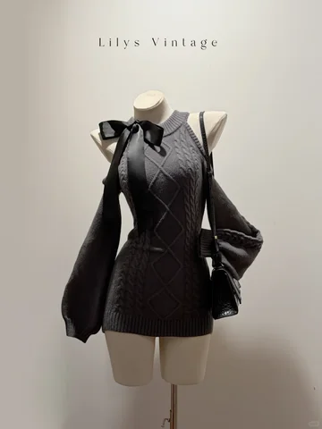 Халат Vestido Feminino с длинными рукавами в стиле ретро, свитер с открытыми плечами, вязаное платье с рукавами-фонариками, осеннее облегающее винтажное платье