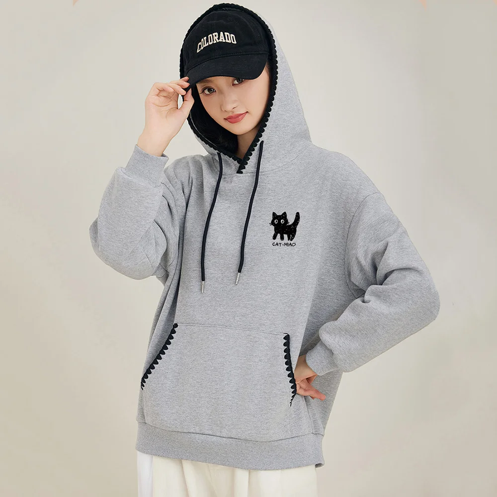 

New Women Autumn Winter Plus Velvet Hoodies Fashion Hooded Long Sleeve Loose Thick Sweatshirt Casual Cat Print Pullovers