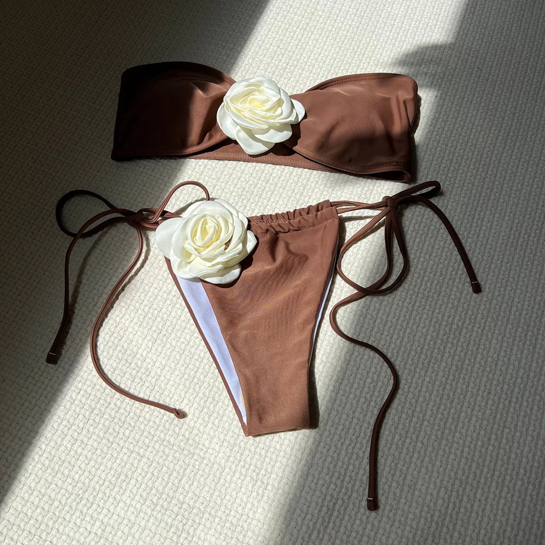 14 Farben, 3D-Blumen, Bandeau-Bikini mit hohem Beinausschnitt, Damen-Badeanzug, zweiteiliges Bikini-Set, Badebekleidung, Badeanzug, Modell V5265. – Detail 35
