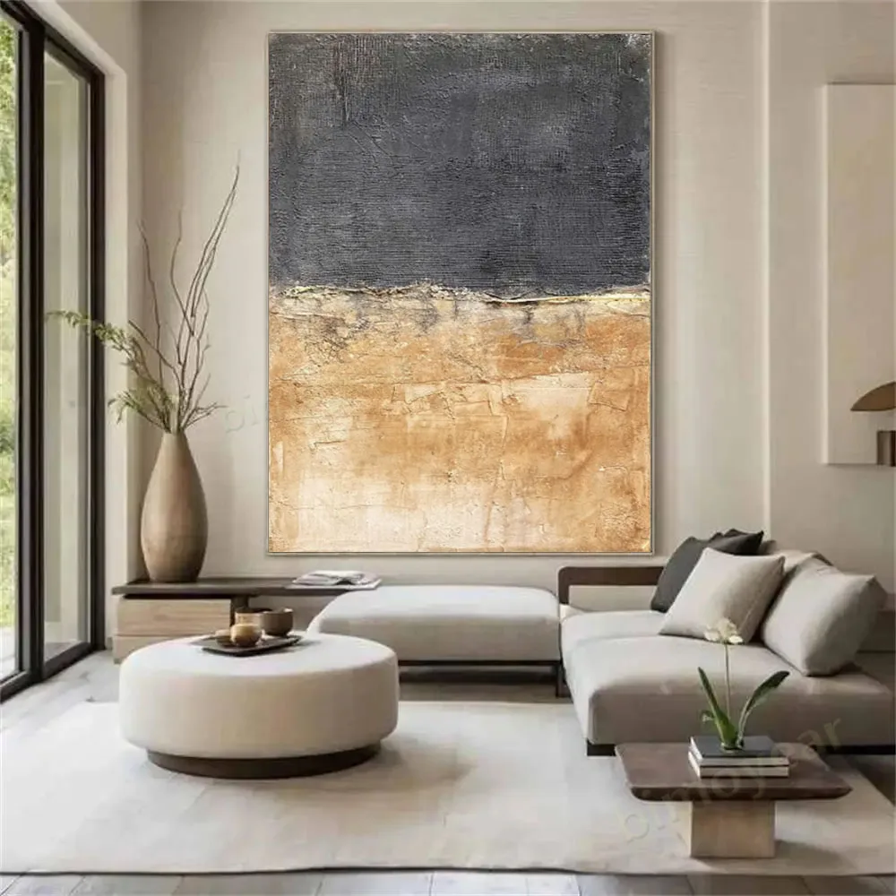 لوحة زيتية تجريدية مرسومة يدويًا بنسبة 100% باللونين الأسود والأصفر لوحة جدارية أصلية لتزيين غرفة المعيشة المنزلية طلاء جمال داخلي