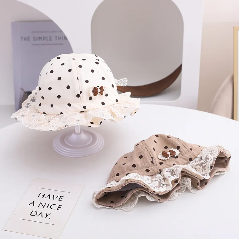 

Autumn Winter Thicken Cotton Toddler Fisherman Hat Dot Print Baby Basin Cap Princess Girl Lace Sun Hats 1-3year Kids Bow Visors