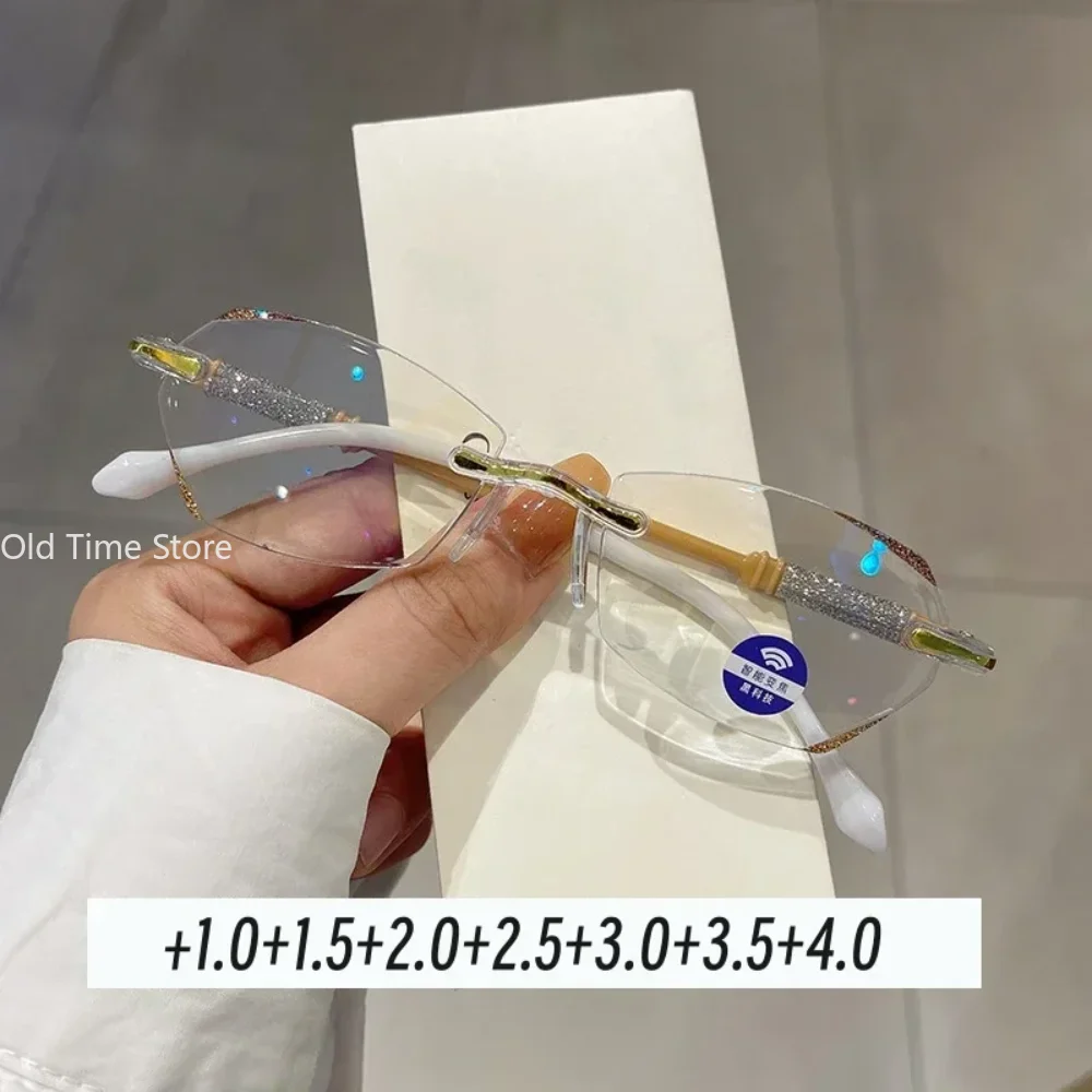 New Rimless Diamond Cutting Presbyopic Glasses Ladies Anti Blue Light Ultra Light Reading Glasses +1.0+1.5+2.0+2.5+3.0+3.5+4.0