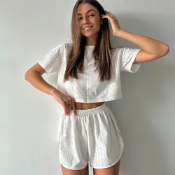 Conjunto de pijama de manga curta feminino, pulôver com o pescoço, elástico na cintura, pijamas brancos finos, shorts simples, macio, solto, moda, novo, verão