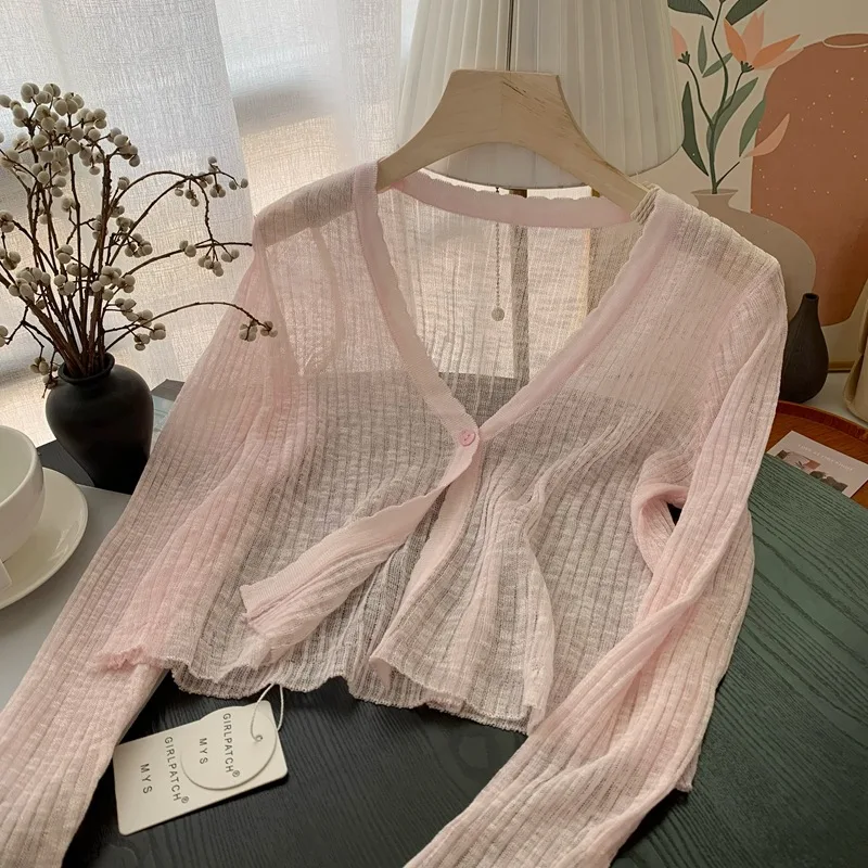 One-button Knitted Thin Sweater Cardigan Women Long Sleeve V-neck Sueter Mujer Summer Vintage Sweet See Through Cropped Jackets