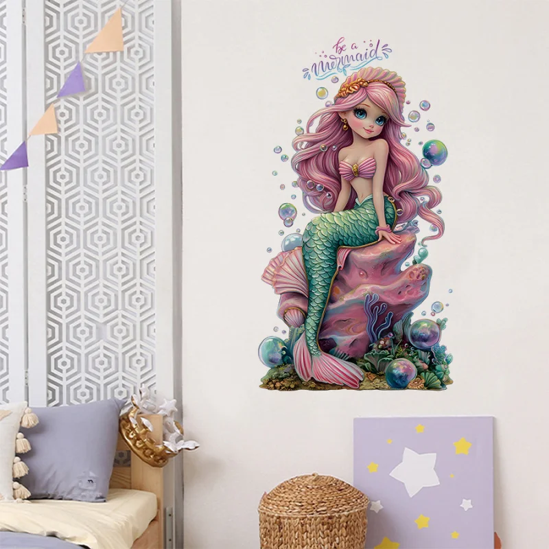 

Fairy Tale Style Mermaid Girl Wall Sticker Living Room Bedroom Children's Room Decoration Sticker Self-Adhesive Removable