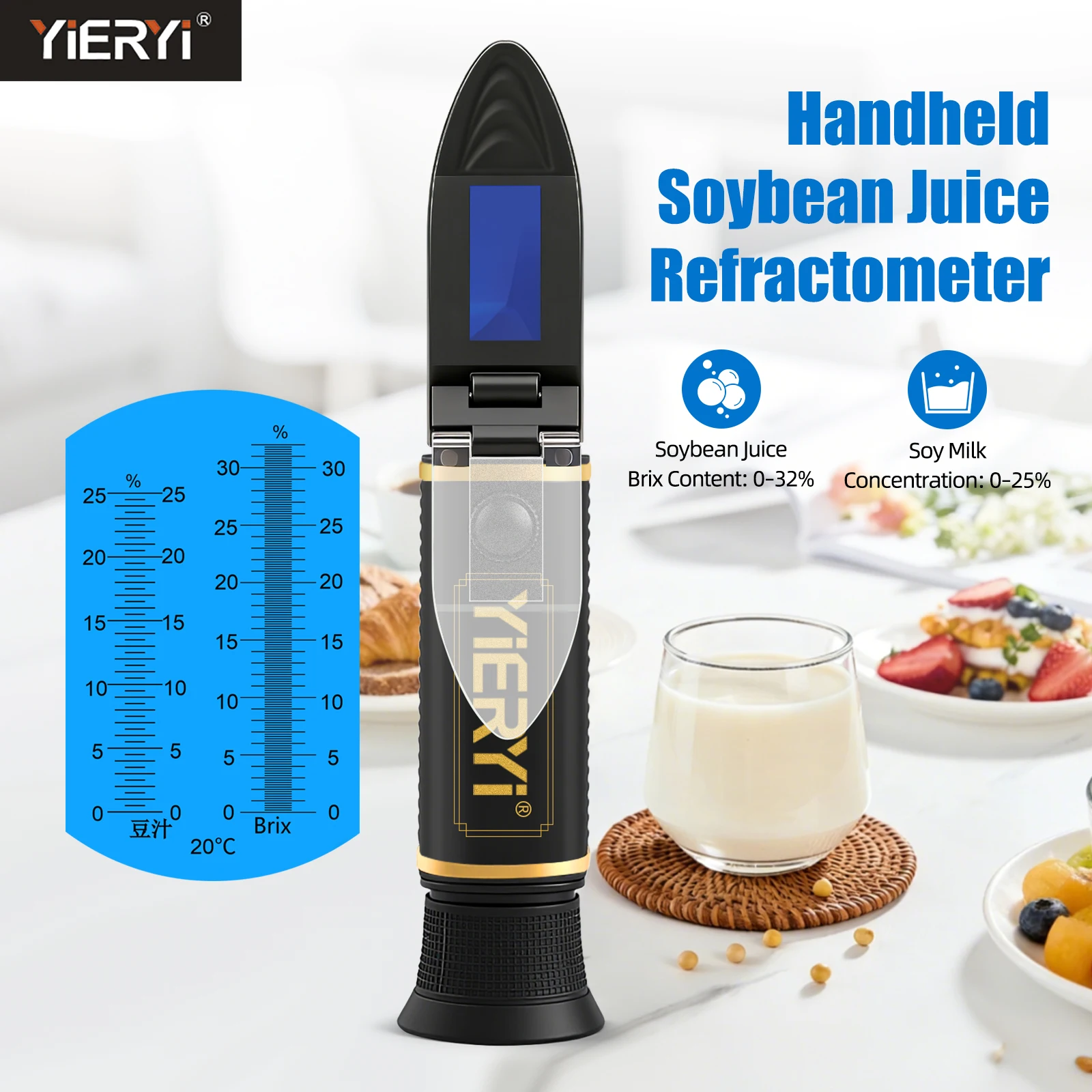 Refractómetro Profesional para Leche de Soya Yieryi, 0-32% Brix, 0-25% Concentración de Jugo de Soya, Medidor Óptico de Precisión con ATC