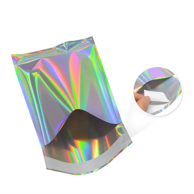 100PCS Flat Hologram Laser Self Adhesive Bag Office Files Envelopes T-shirt Underwear Bra Towel Cosmetic Xmas Packaging Pouches