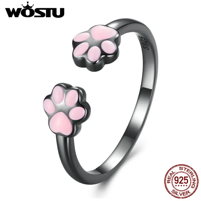 WOSTU Real 925 Sterling Silver Lovely Cat Pink Paw Opening Rings For Women Lovely Animal Pet Ring Girl Unique Jewelry Gift R913